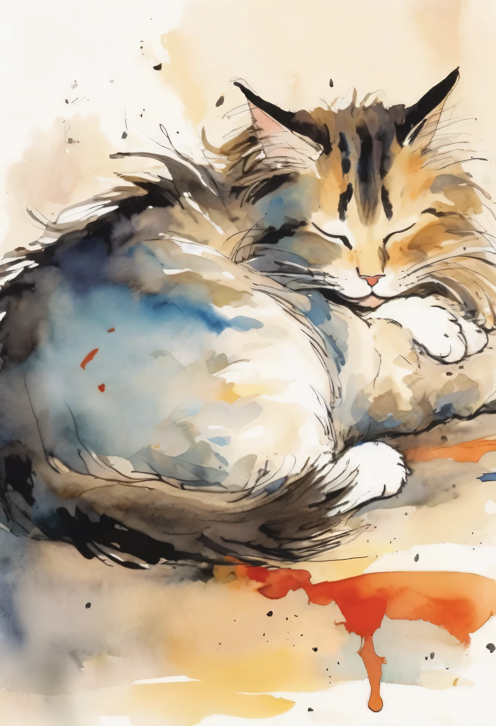 Quentin Blake style photo、Illustrations full of love、A long-haired cat is sleeping on its stomach、Calm expression、highest quality、masterpiece、Very detailed
