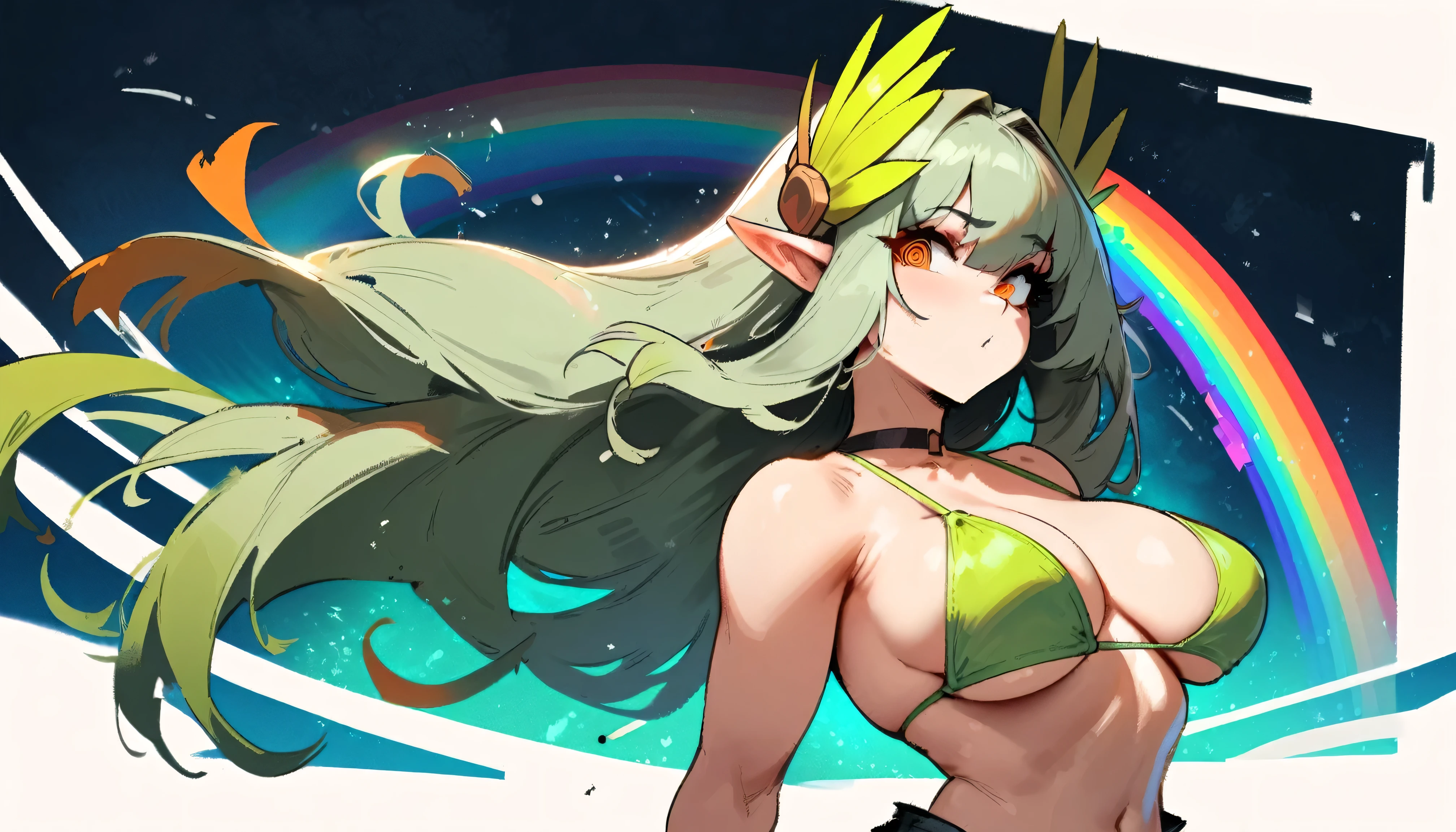 1girl, muelsyse \(arknights\), arknights \\\\\ masterpiece, best quality, very aesthetic, absurdres, newest \\\\\\ simple background, space background. lime bikini, greenery, water, orange eyes,elf ears, slim body,///// ,by nyantcha, cutesexyrobutts, by khyle,,////// 18 years old girl,thin waist ,,solo, , rainbow, glitch effect,, @_@, portrait