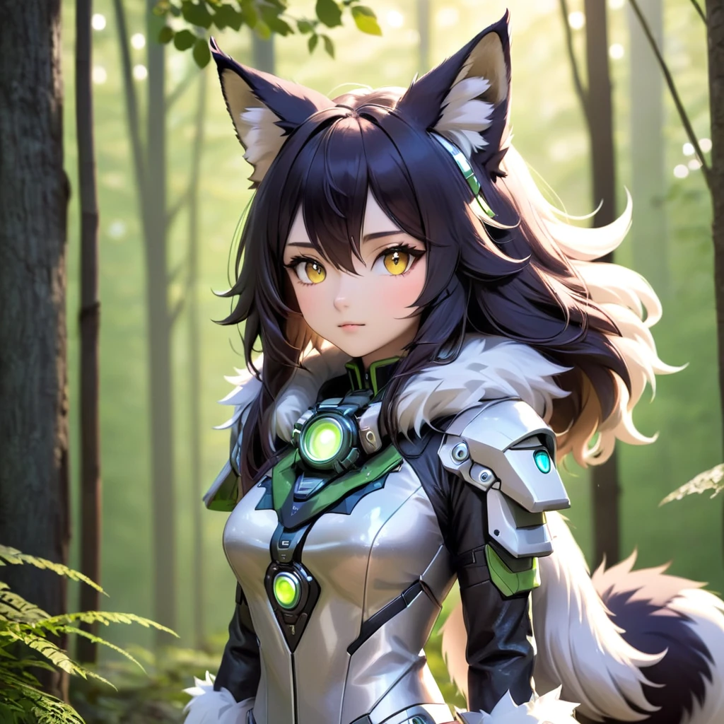 Garota Raposa:Pointy, furry fox earsFuzzy fox tailSmart, bright eyesWearing forest or nature-themed clothingRobot Girl:Metal body with visible mechanical partsLuminous LED eyesFuturistic or technological costumesDetails such as solar panels or exposed gearsCat Girl:Cat ears on top of the headElegant feline tailFeline eyes, large and expressiveWearing light and agile clothes, talvez com estampas felinasGarota Lobo:Wolf ears and bushy tailIntense, penetrating eyesCostumes reminiscent of wildlife or a hunterDetails such as fur or rustic accessories