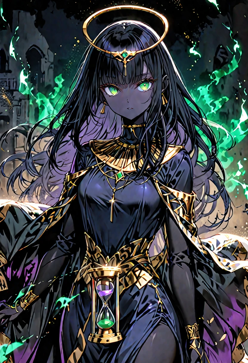 solo, female, medium shot, sfw, humanoid figure, slender, athletic build, 6 ft, dark obsidian black skin, smooth skin, extremely long silky black hair, straight and free-flowing hair, emerald green eyes, large eyes, almond-shaped eyes, thick lashes, gold iris, thin and arched eyebrows, intelligent, flowing robe, form-fitting robe, midnight blue silk, modest clothes, feminine silhouette, silver pendant, quiet confidence, timeless beauty, egyptian, night, metal gold halo behind, medieval, hourglass, magic, sand aura