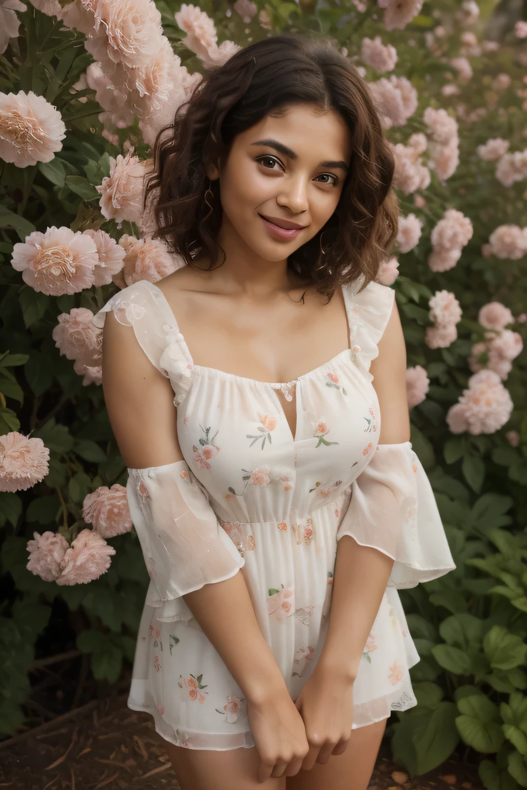 best quality, masterpiece, photorealistic, 8k, extreme resolution, ultra high resolution, dynamic lighting, true lighting, of a 21-year-old brown skin girl, short curly hair, natural textured skin with pores, symmetrical face, beautiful eyes, smooth and shiny lips, looking at viewer, smiling, standing in a blooming garden, wearing a floral print dress and wedge sandals, full body, beautiful face, detailed background