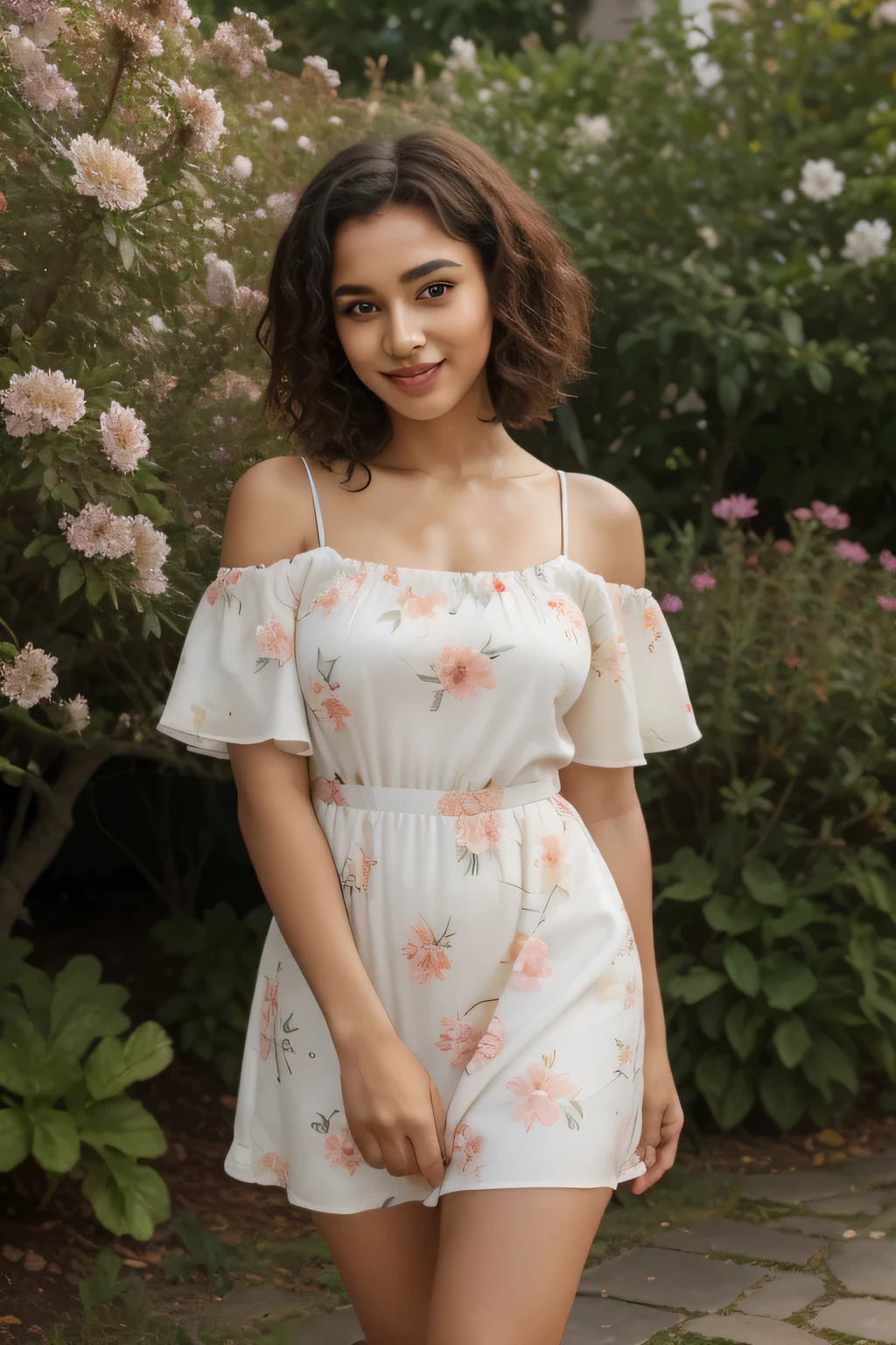 best quality, masterpiece, photorealistic, 8k, extreme resolution, ultra high resolution, dynamic lighting, true lighting, of a 21-year-old brown skin girl, short curly hair, natural textured skin with pores, symmetrical face, beautiful eyes, smooth and shiny lips, looking at viewer, smiling, standing in a blooming garden, wearing a floral print dress and wedge sandals, full body, beautiful face, detailed background