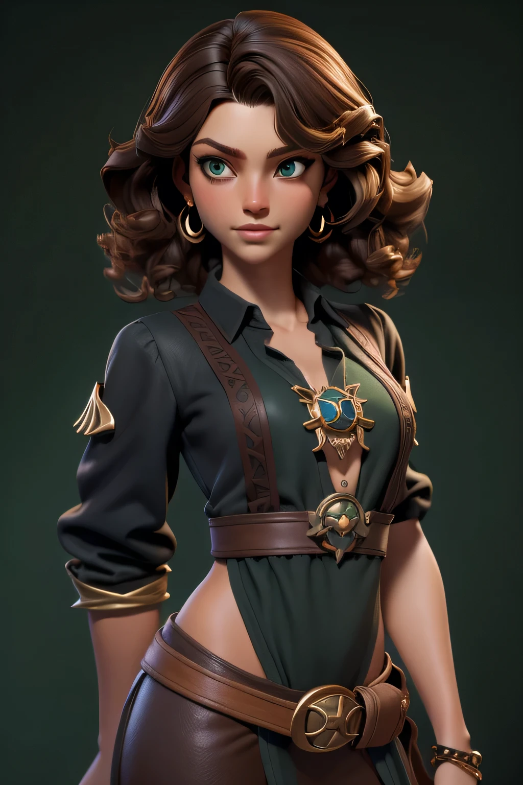 master class, best quality, 1st class, green eyes, dark skin, brown hair, wavy hair, short hair, earrings, jewelry, pirate, long shirt, modest bottom, alone, upper body
