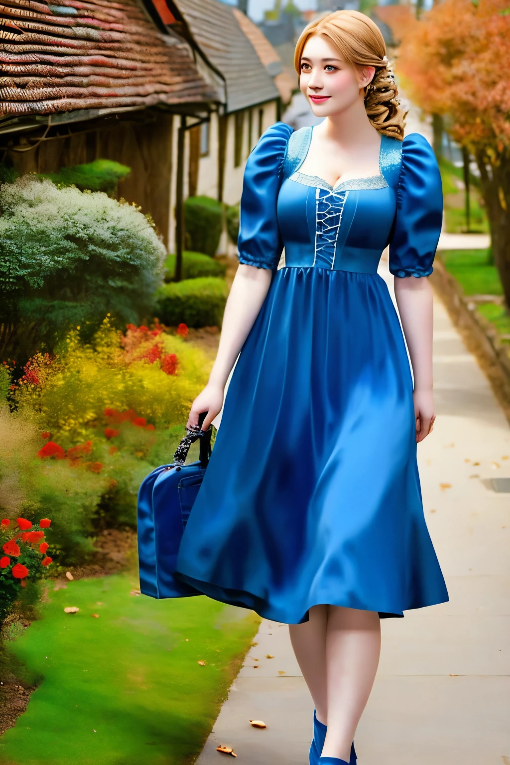 a beauty girl ,wearing gorgeous 16th century dress, German style buildings, landscape