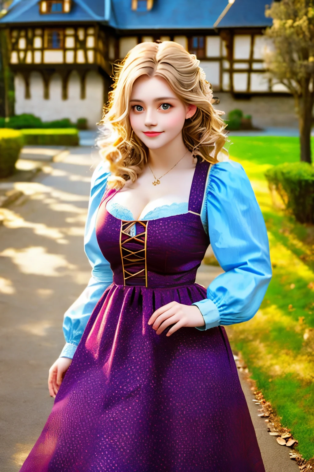 a beauty girl ,wearing gorgeous 16th century dress, German style buildings, landscape