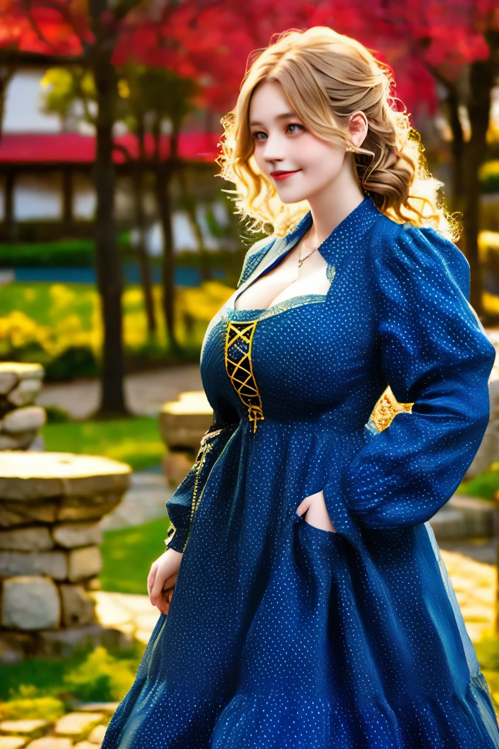 a beauty girl ,wearing gorgeous 16th century dress, German style buildings, landscape