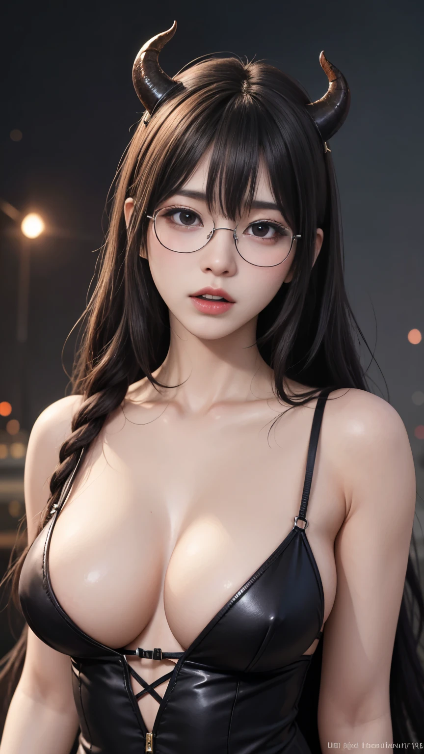 background（Black Night Sky，Big Moon），Close-up of a woman，Wearing a white shirt、((Black-rimmed glasses))、Purple Hair，Very long hair，very thick braids，Purple eyes，big ， realistic girl rendering, 8k artistic german bokeh, Enchanting girl, Realistic girl, Gurwitz, Gurwitz-style artwork, Girl Roleplay, Realistic 3D style, cgstation Popular Topics,, 8K Portrait Rendering,（truth，truth：1.4），Wear pink pajamas，巨big ，Sparkling eyes，Purple eyes、(highest quality,4K,8k,High resolution,masterpiece:1.2),Very detailed,(Realistic,photoRealistic,photo-Realistic:1.37),Mythical monster,Beast-like creature,Muscular,Six big legs,Stand like a gorilla,Red fur covering the body,two big horns,Drill teeth,Sharp Claws,Huge shape,Burning Fire Magic,Energy aura,A threatening presence,Glowing Eyes,Intimidating posture,Dark Environment,Smoke-filled air,Ominous Shadow,Majestic and fierce,Explosive power,Vibrant colors,bold,Horror art style,moving composition,Dramatic lighting,rib layer,large sharp teeth,Sharp Edges,Very detailedスケール,Burning Crack,Burning Flames,Furious expression,Burning with anger,Surrounded by sparks and embers