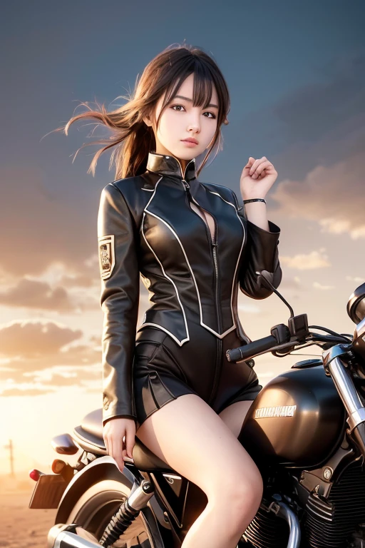 Cinematic, steampunk, highest quality, Ultra high quality CG Unity 16K wallpaper, A dynamic composition with a sense of speed and movement, Powerful gunfire scene, A beautiful age girl riding a large superconducting engine motorcycle in desert camouflage、One Japanese woman、Big beautiful eyeedium chest、, Very short brown hair, Perfect anatomical proportions, Wearing a black and white plug-in suit, Desert Battlefield,