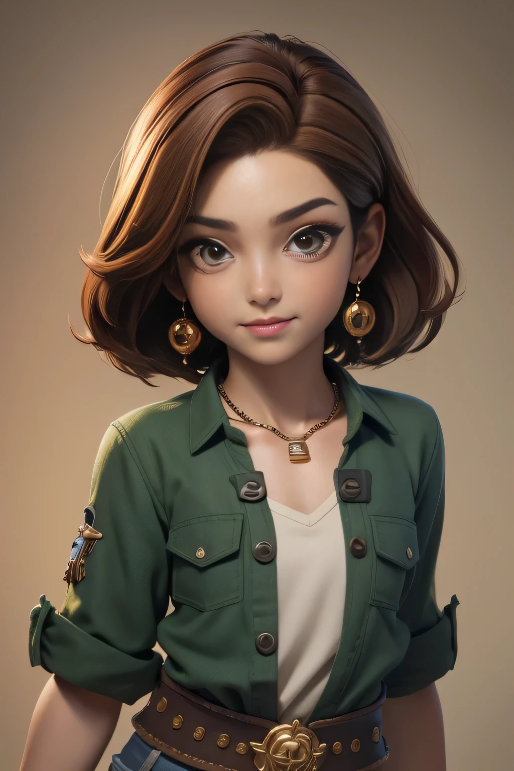 master part, best quality, 1st grade, olhos verdes, pele escura, brown hair, cabelos ondulados, short hair, Brincos, jewelries, pirata, Camisa comprida, fundo simples, sozinho, parte superior do corpo