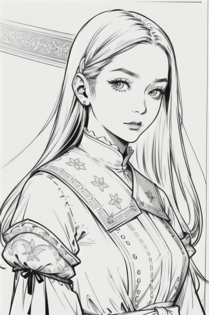 Drawing of a mature woman, realistic portrait, goth asian girl, white long hair and outfits, horror look. Best lineart, clean flat lineart, Black and white monochrome, thin pen lines. No colors or shading. Flat white background