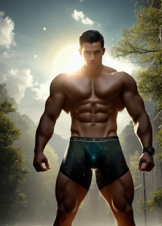 Man standing in the middle of a sunny road, wearing white underwear, muscular male hero, heroic male posture, muscular, perfect underwear, Super cool and cool, high resolution committee, Character design: morning runner, sneakers, strong attractive man, sun shining in the forest, looking up, U photographed by famous photographer in CANON 5D MARK, detailed skin with all the raw details ar 4:6 q 2 s 750 v 58k, 4k, ultra realistic, realistic, ray traced, scattering, light volumetric, 1 man, wet, in see-through underwear, epic, abandoned, night, film grain, (intricate detail), natural penis, Dark theme, magic circle, bubble, rainbow sunlight, underwater, reflected mirror, piece of floating glass, rainbow light, spinning bubble, spinning wind, Aurora, fantasy scenery, starlight around character, (upper body), male, UHD, 4k, 8K