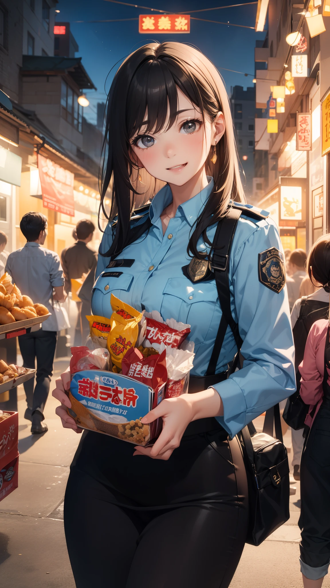 A bustling night market. Policewoman, Carry snacks, And her face is full of joy and satisfaction.