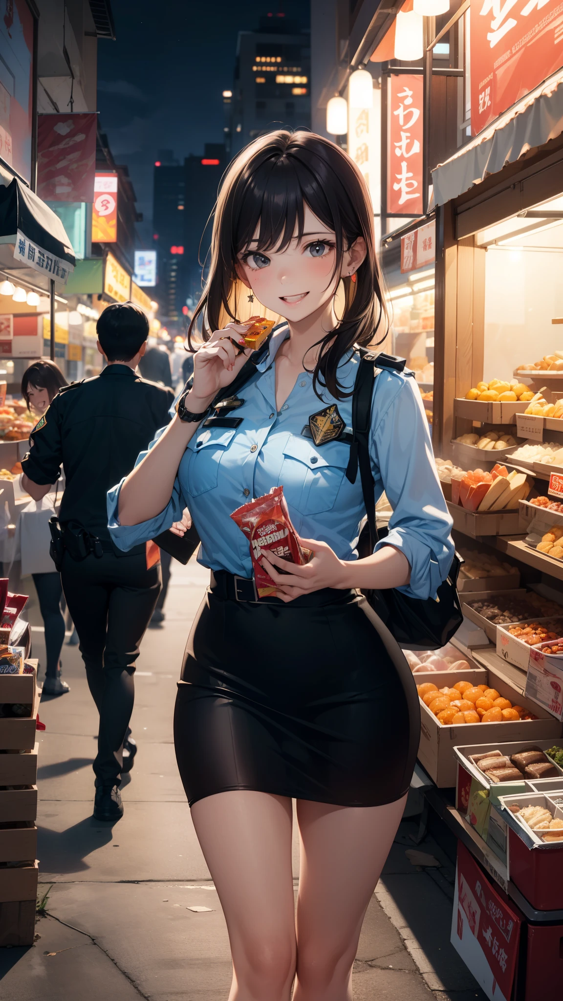 A bustling night market. Policewoman, Carry snacks, And her face is full of joy and satisfaction.