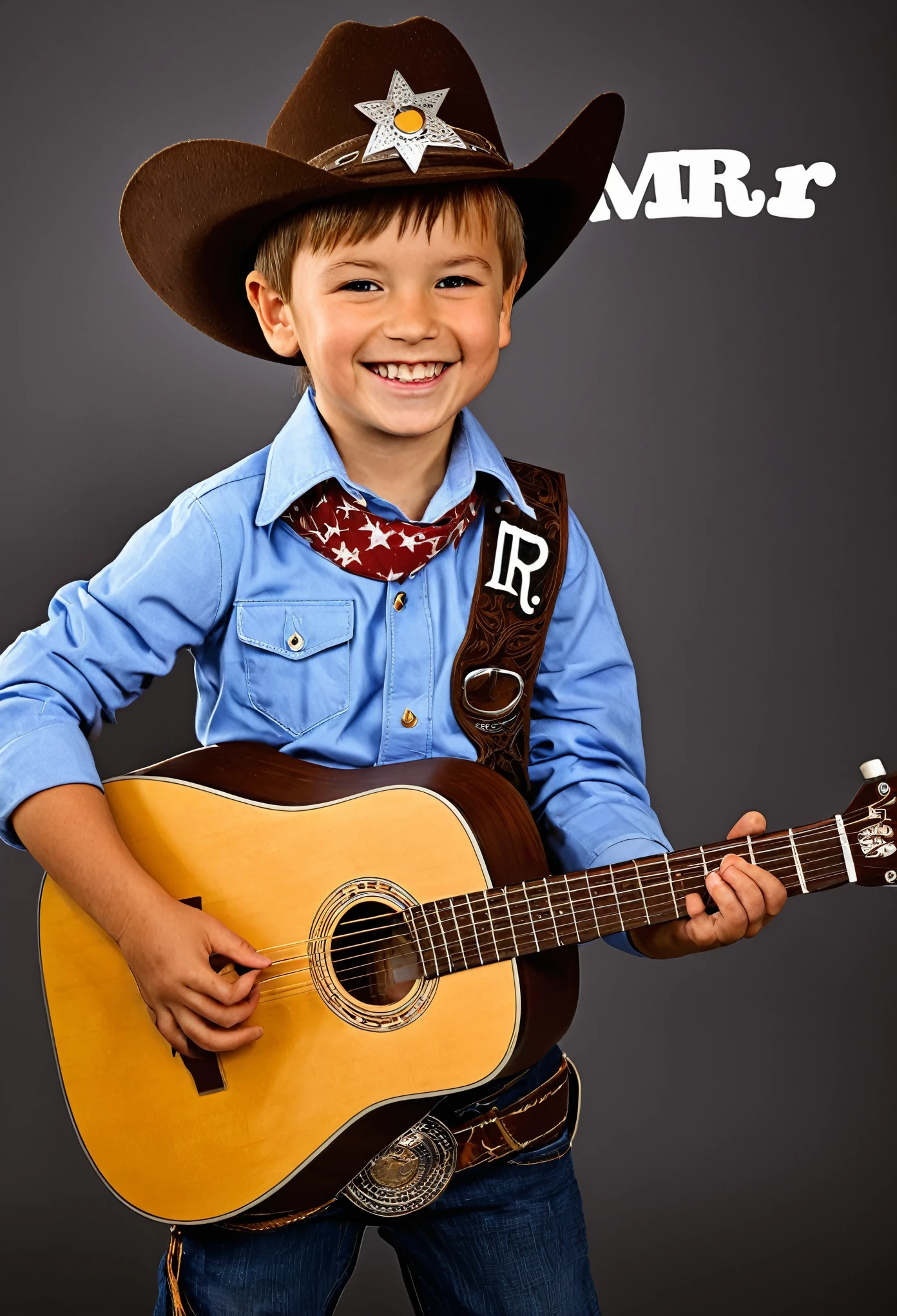 ((Create an image of a boy, in a smiling cowboy outfit, playing an acoustic guitar, with the letters "MR" on his hat and the letters "MR" on his belt buckle