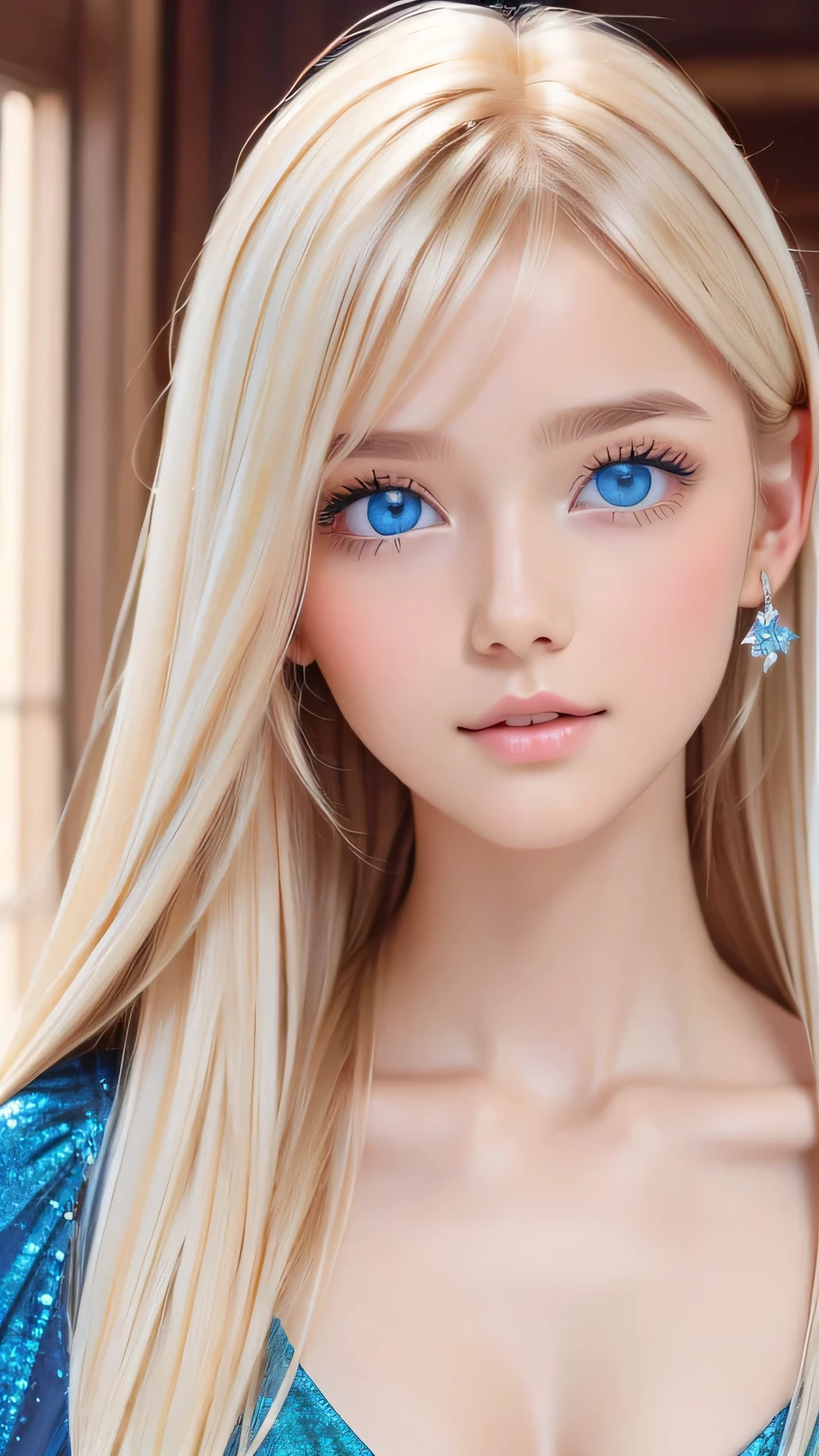 Beautiful white and shining skin、Blonde hair that changes color depending on the light、Bangs between eyes obstruct vision、Shiny highlights on the cheeks、Sexy, very beautiful, lovely, cute, gorgeous face、The most beautiful face in the world、Super long and gorgeous blonde hair、Super long and smooth super long straight hair、Big Breasts, Very large, Beautiful sparkling bright blue eyes、Beautiful Bangs、Beautiful cute girl.Small Face Beauty、Cheek Gloss Highlighter、Round face