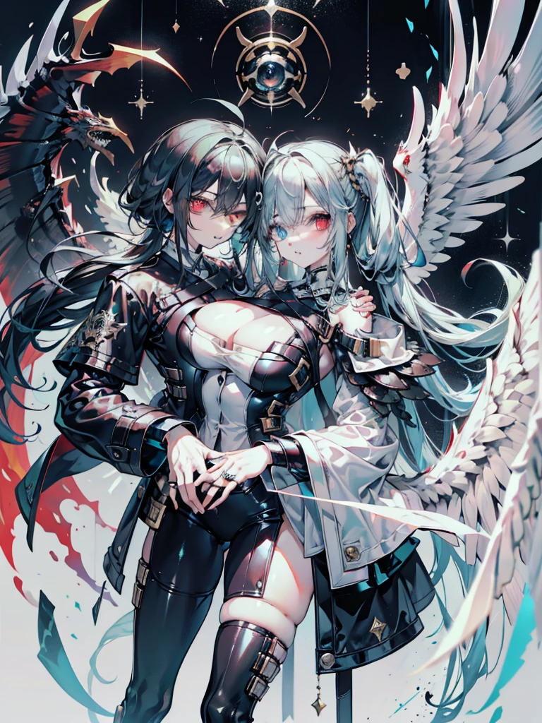 Monster angels that look sacred,His eyes are waiting for heterochromia,His whole body consists of a huge one-eyed eye,and a metal ring around one eye,The ring is crawling with the eyeball,The dragon has many wings on the white holy angel