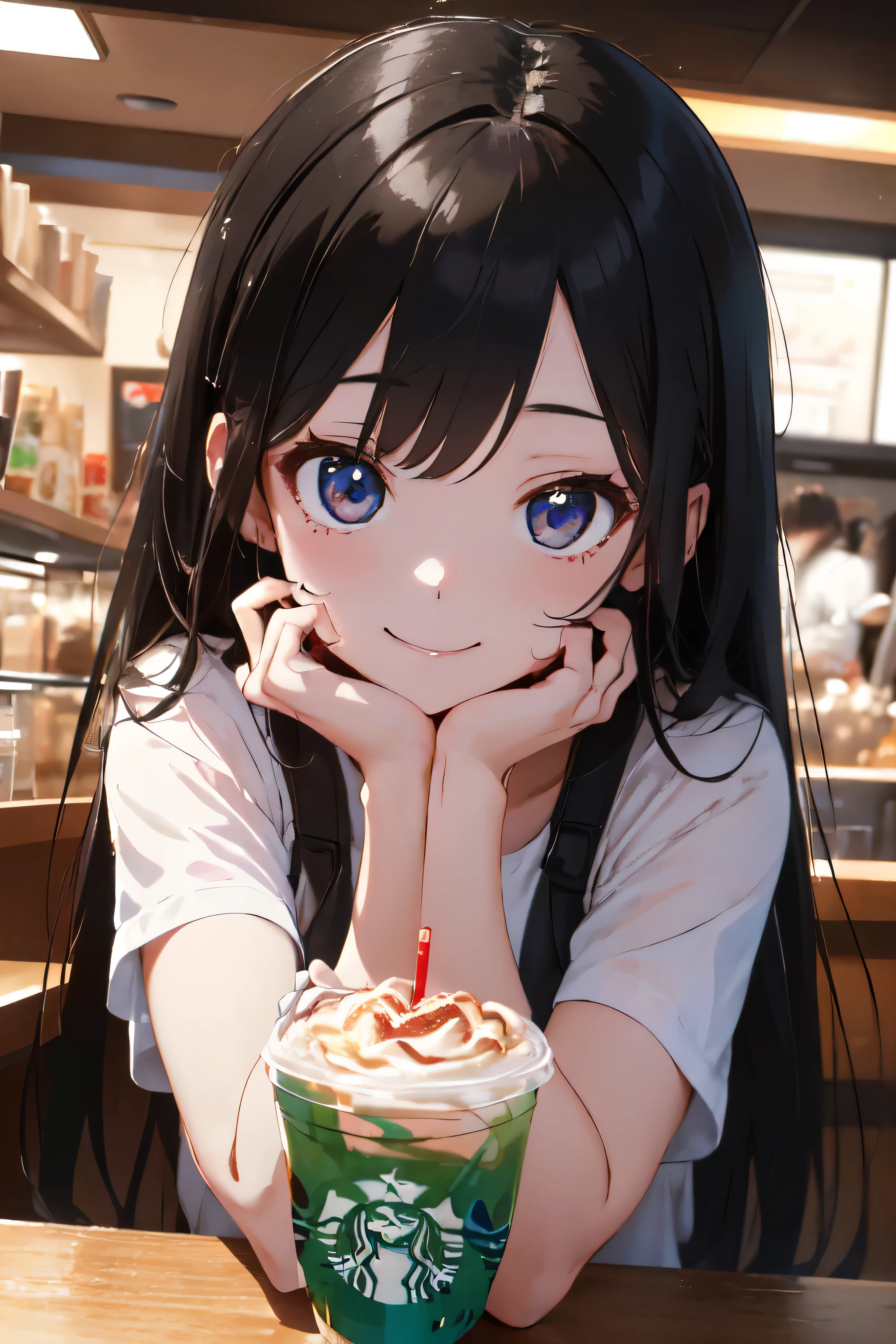 (best quarity,ultra detailed,ultra-high-resolution, 8k, masterpiece), very-cute-and-beautiful-anime-girl,highly-detailed-face-and-eyes, 20 years old,smile,
 Starbucks coffee shop,
strawberry Frappucino on the table,