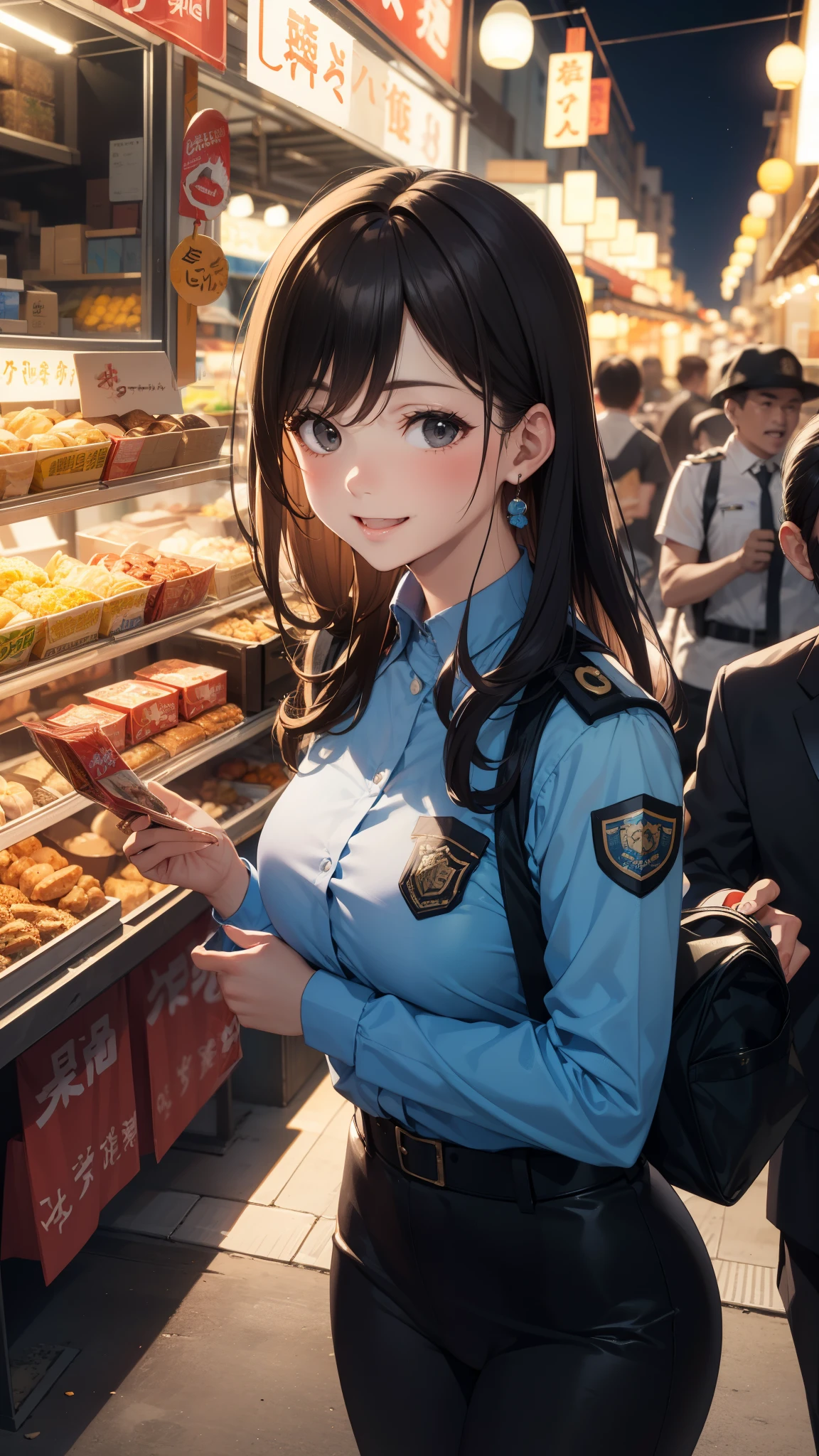 A bustling night market. Policewoman, Carry snacks, And her face is full of joy and satisfaction.