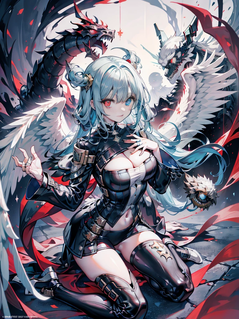 Monster angels that look sacred，His eyes are waiting for heterochromia，His whole body consists of a huge one-eyed eye，and a metal ring around one eye，The ring is crawling with the eyeball，The dragon has many wings on the white holy angel