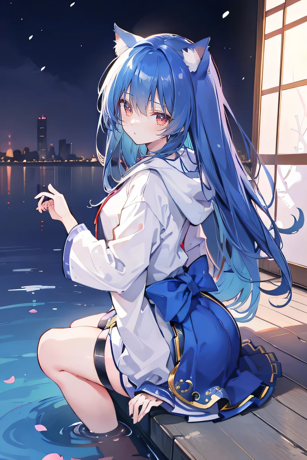 （masterpiece：1.2），Super detailed，lifelike，Expressive eyes，fair skin，perfect face shape，1 girl，
Japanese comics,Gorgeous blue hair,flowing blue hair,flowing clothes,Cat ears,Petals fall,beautiful lola,Baby Angel,
Shaking head with one hand，Cross your legs，Gentle and peaceful background，The pavilion is cool and comfortable,smile, wearing hoodie, background of tokyo,back views,snowing, winter,lie on the water. 