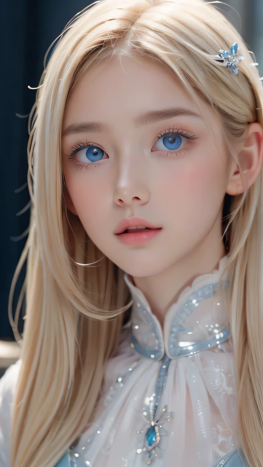 Beautiful white and shining skin、Blonde hair that changes color depending on the light、Bangs between eyes obstruct vision、Shiny highlights on the cheeks、Sexy, very beautiful, lovely, cute, gorgeous face、The most beautiful face in the world、Super long and gorgeous blonde hair、Super long and smooth super long straight hair、Big Breasts, Very large, Beautiful sparkling bright blue eyes、Beautiful Bangs、Beautiful cute girl.Small Face Beauty、Cheek Gloss Highlighter、Round face