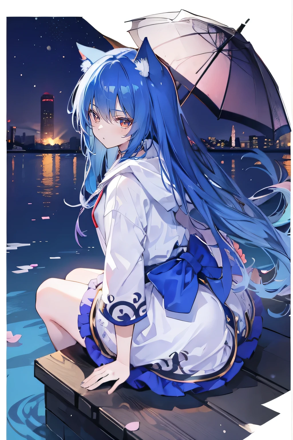 (masterpiece:1.2),Super detailed,lifelike,Expressive eyes,fair skin,perfect face shape,1 girl,
Japanese comics,Gorgeous blue hair,flowing blue hair,flowing clothes,Cat ears,Petals fall,beautiful lola,Baby Angel,
Shaking head with one hand,Cross your legs,Gentle and peaceful background,The pavilion is cool and comfortable,smile, wearing hoodie, background of tokyo,back views,snowing, winter,lie on the water.