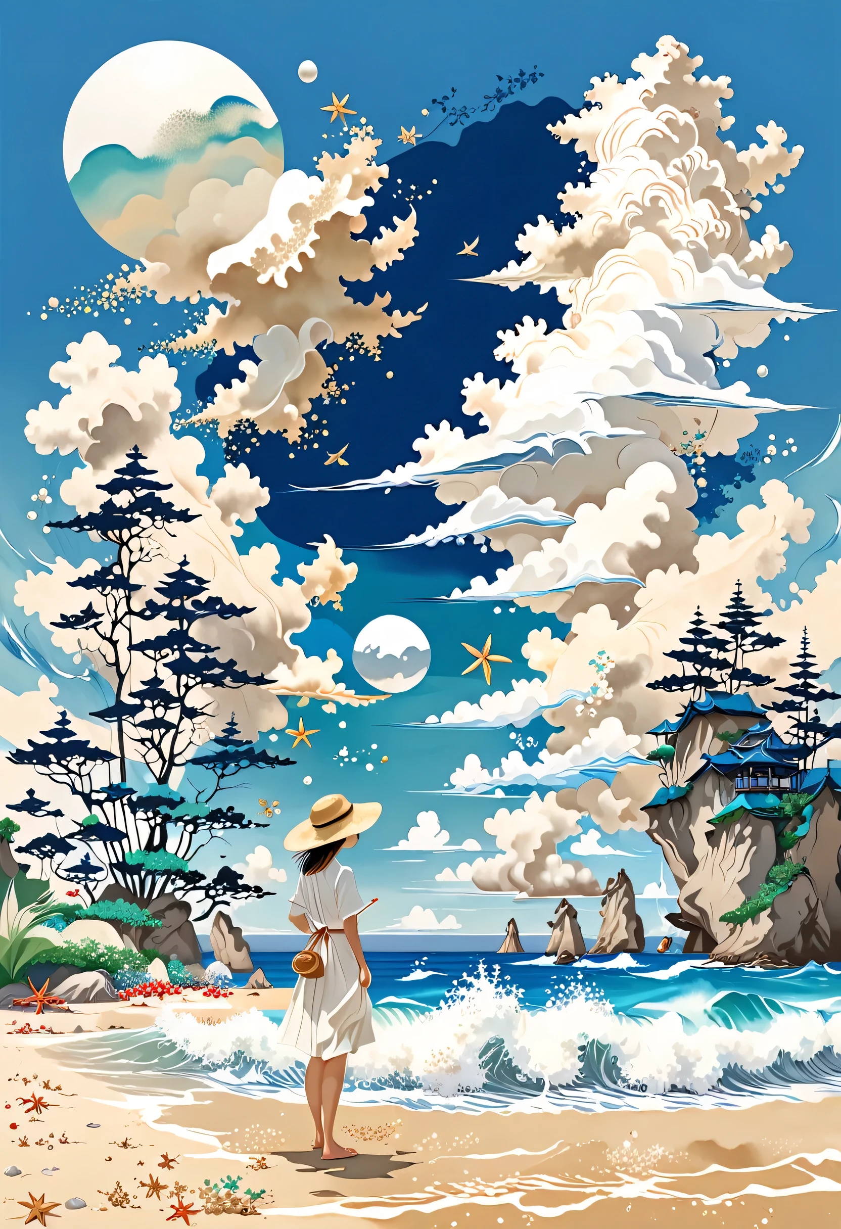 Illustration of a girl wearing a straw hat、Standing stunned、Styles of Japan painting、Wave splash on the beach、Starfish、White shells、Emerald Blue Sea Background、Cumulonimbus cloud debris、highest quality、Ultra-high resolution、Golden Ratio、Maximum Coefficient、Cappadocia