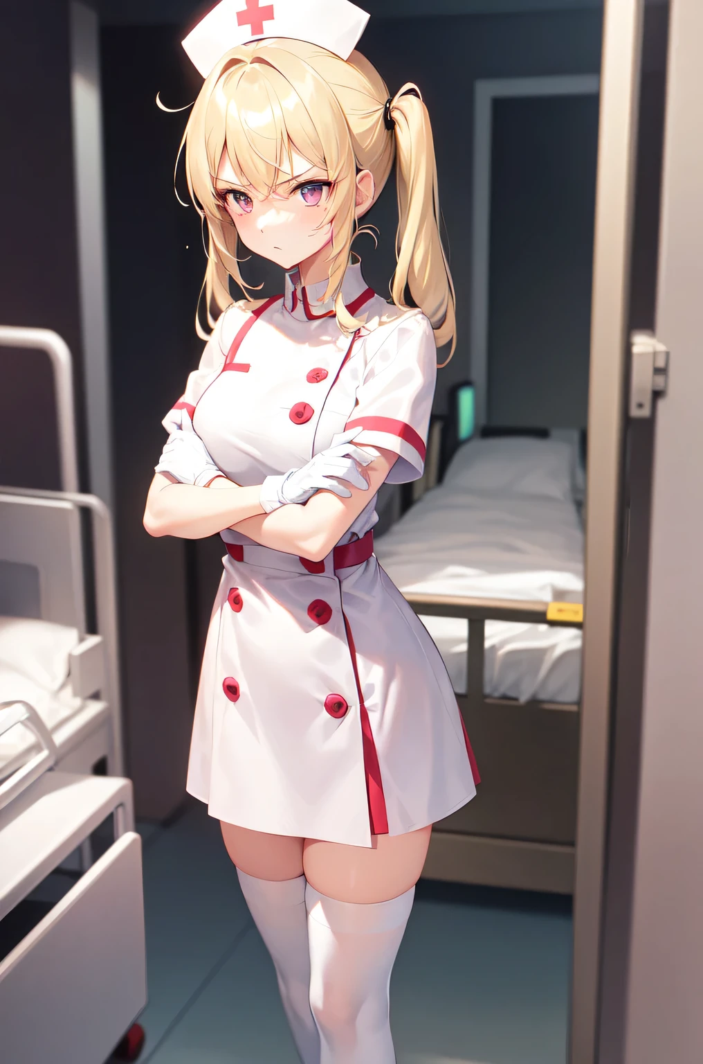 1girl, solo, nurse, nurse cap, white nurse uniform, ((white legwear, zettai ryouiki)), white gloves, twintails, yellow hair, purple eyes, angry, crossed arms, standing, ((hospital room)), sharp outline, short sleeves, best quality, masterpiece