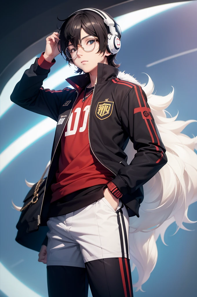 Ren Amamiya Persona,menino anime,uniforme de futebol, glasses, headphones on head