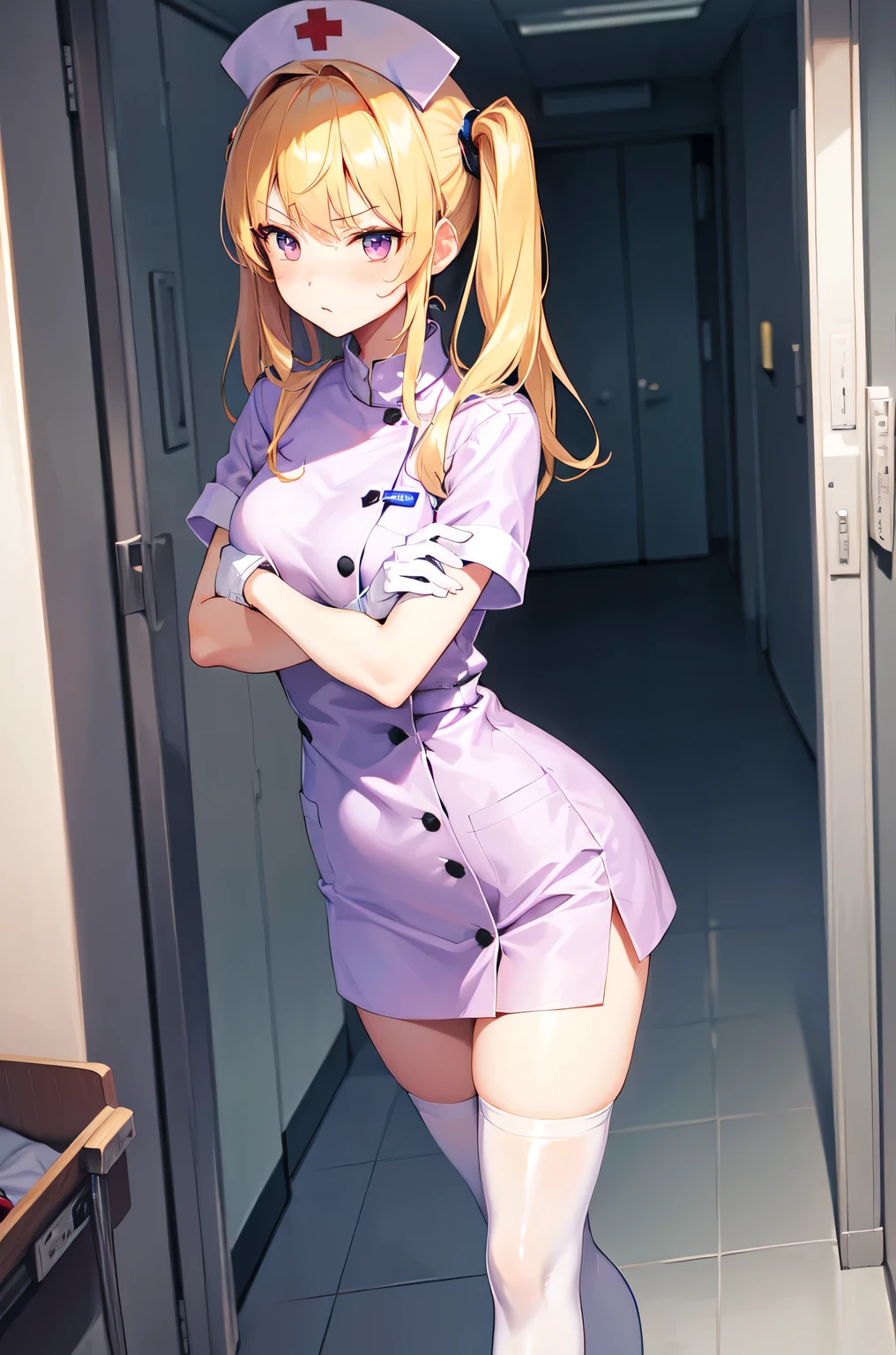 1girl, solo, nurse, nurse cap, white nurse uniform, ((white legwear, zettai ryouiki)), white gloves, twintails, yellow hair, purple eyes, angry, crossed arms, standing, ((hospital room)), sharp outline, short sleeves, best quality, masterpiece