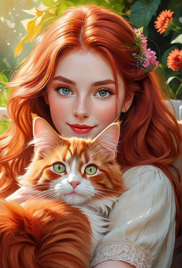 red-haired girl with a full sized red mainecoon cat, (best quality, masterpieces, ultra-detailed), beautiful detailed eyes, beautiful detailed lips, longeyelashes, vibrant colors, illustrative style, oil painting texture, flowing red hair, cozy garden background, soft sunlight, lively expression, joyful interaction with the cat, dynamic pose, realistic rendering.