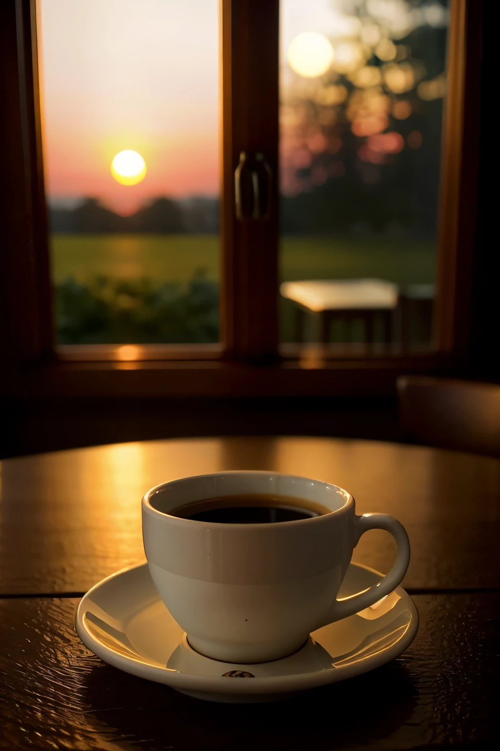 Ultra-detailed and high-resolution photograph of a black coffee cup, beautifully contrasting against the subtle hues of a calm morning. The ambiance is serene, with the backdrop of a nearby clock, its hands neatly aligned, symbolizing the concept of intermittent fasting. The setting sun's soft, warm light filters through the window, casting a gentle glow on the coffee cup, creating a cinematic and tranquil scene, reminiscent of a masterpiece. The focus is sharp, emphasizing the intricate details of the coffee cup, its reflections, and the delicate ticking of the clock hand. The depth of field is shallow, blurring the background elements and allowing the