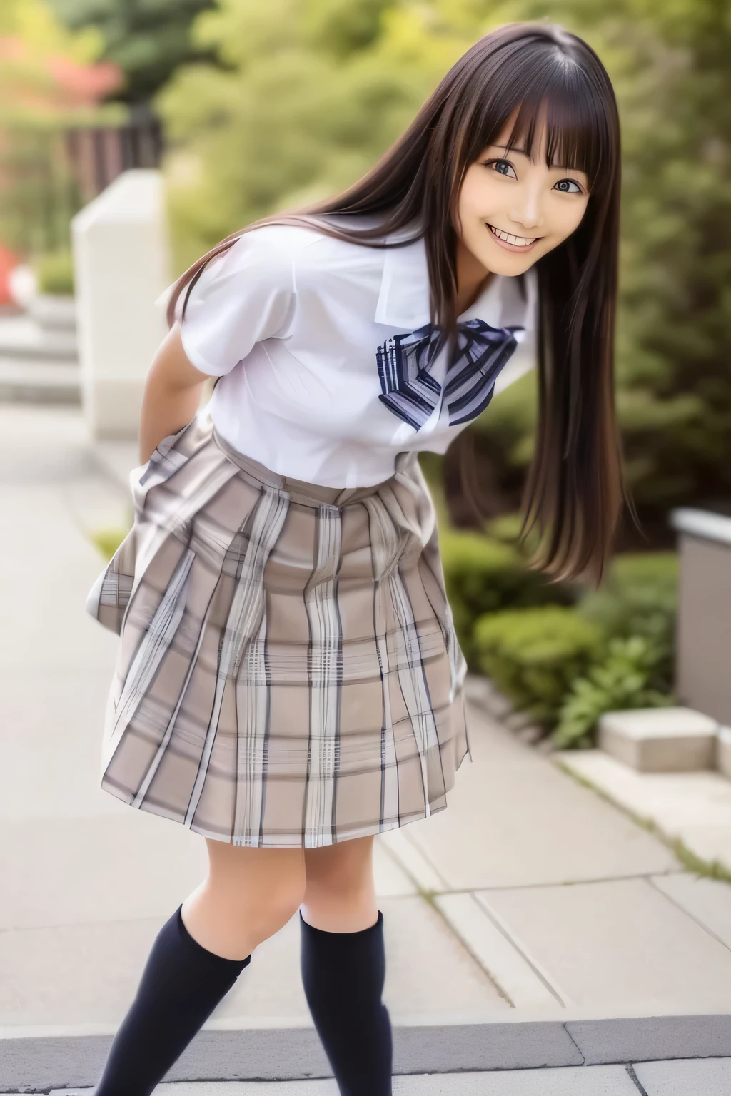 An Asian woman in her fifties wearing a checked skirt poses for a photo, wearing Japanese , Japanese girl , Japanese , A young and cute gravure idol, kimi takemura, Young Gravure Idol, Japanese model, cute , Wearing a skirt and knee-high socks, Young and skinny gravure idol, portrait of a Japanese