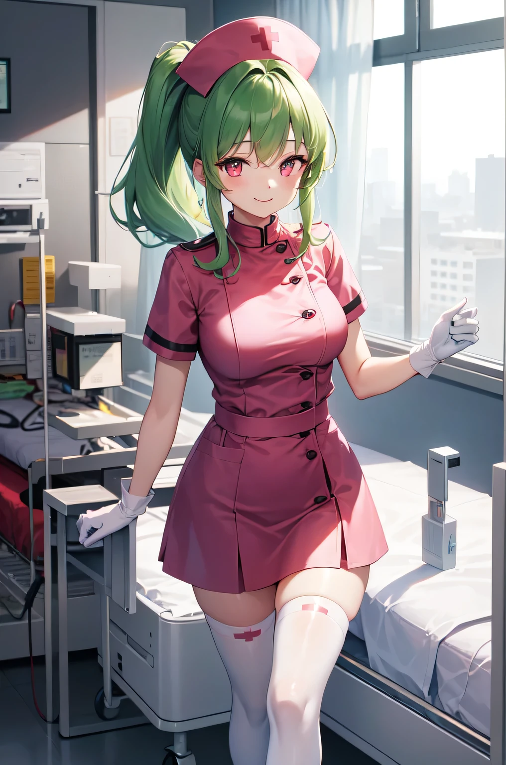 1girl, solo, nurse, nurse cap, white wear, ((white legwear, zettai ryouiki)), white gloves, ponytail, green hair, pink eyes, smile, standing, ((hospital room)), sharp outline, short sleeves, best quality, masterpiece