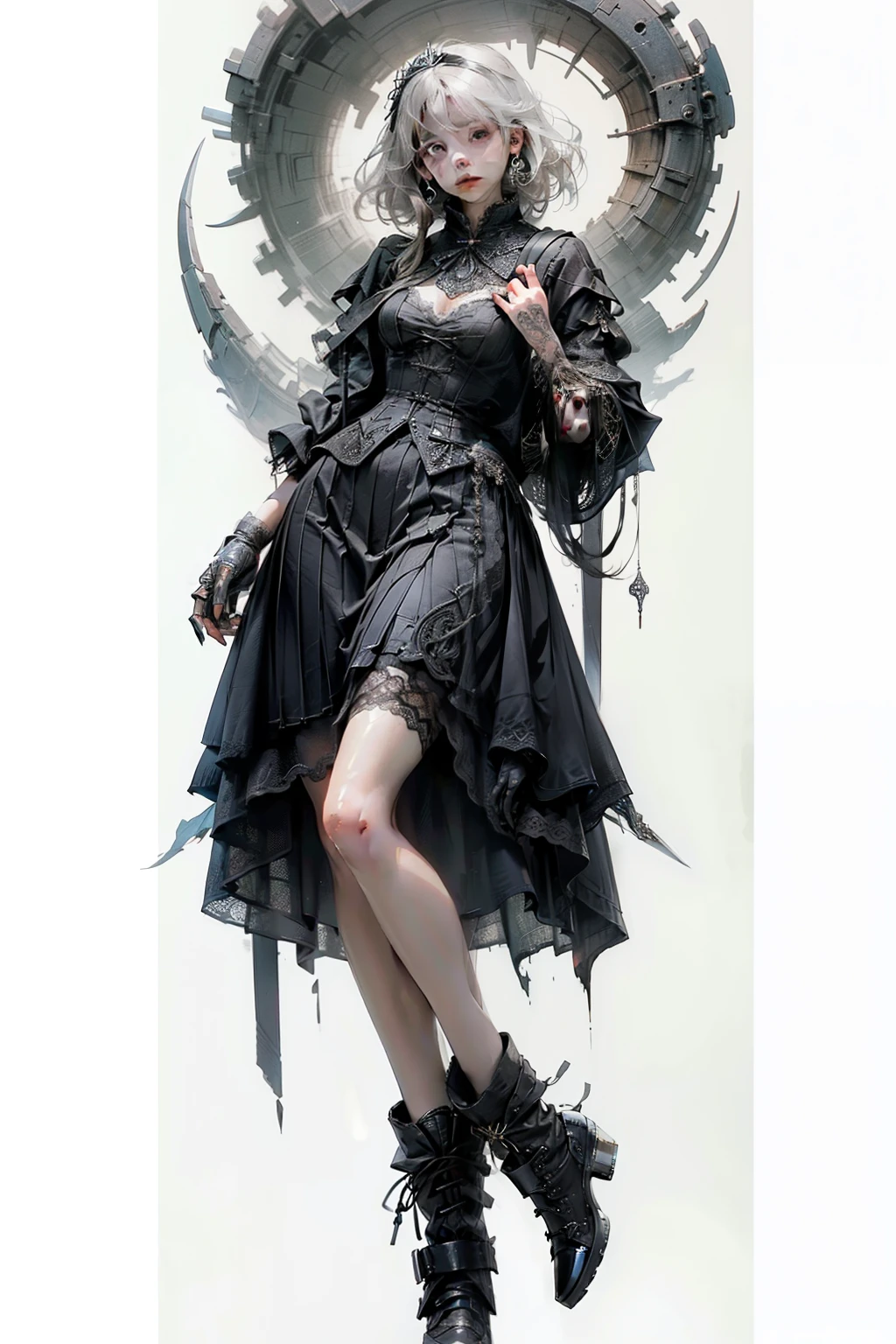 mpts
Copy
(((masutepiece, of the highest quality, super detailed))), hand drawn style, hand painted style, watercolour, sketch, a knight, white background, plain background, Bloodborne inspired, tatty Bloodborne attire, occult aesthetic, occult, tatty red and white clothing detailed and intricate steampunk and detailed gothic ta (with a hood), diadems, long coat, Complex laced boots, Fluttering lace flared long knee length dress with frilly petticoats, long dress, knee length dress, pleated petticoats, loliress, petticoats gothic lolita, tiful small breasts, (((( Highly detailed face))), small thin nose, Small thin lips mouth, (((Very sharp focused eyes))), Very large slit precision pale grey eyes that shine like jewels. very long eyelashes, Silver hair swaying in the wind, Emitting a dazzling light in a mandala pattern, white background, Very dramatic and cinematic lighting, tatty damaged old red and white clothing, full body, whole body, body, cosmic horror, grim dark
