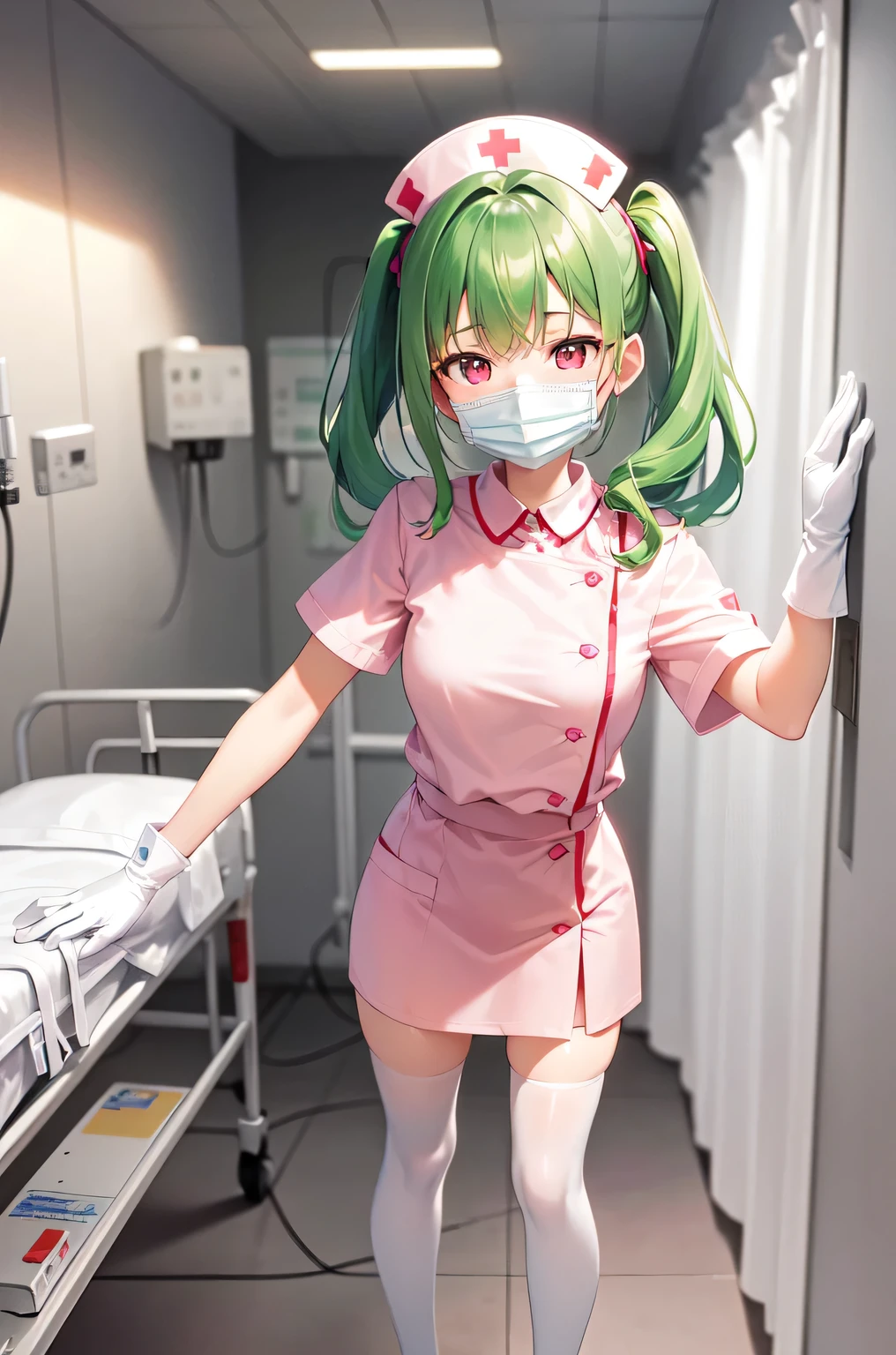 1girl, solo, nurse, nurse cap, white nurse uniform, ((white legwear, zettai ryouiki)), white gloves, ponytail, green hair, pink eyes, ((white surgical mask, covered nose)), standing, ((hospital room)), sharp outline, short sleeves, best quality, masterpiece