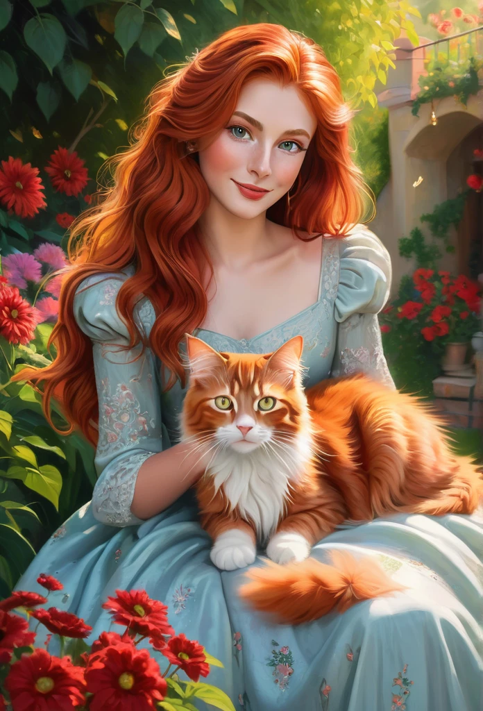 red-haired girl [Elizabeth II:Maude Adams:0.45] with a full sized  red mainecoon cat, (best quality, masterpieces, ultra-detailed), beautiful detailed eyes, beautiful detailed lips, longeyelashes, vibrant colors, illustrative style, oil painting texture, flowing red hair, cozy garden background, soft sunlight, lively expression, joyful interaction with the cat, dynamic pose, realistic rendering.