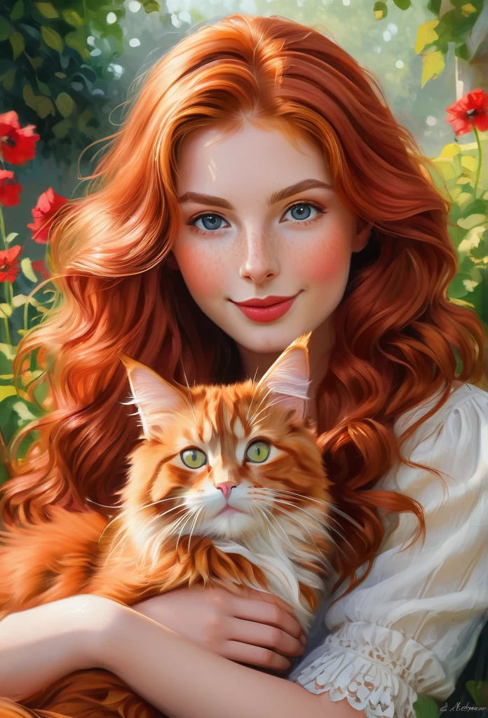 red-haired girl [Elizabeth II:Maude Adams:0.45] with a full sized  red mainecoon cat, (best quality, masterpieces, ultra-detailed), beautiful detailed eyes, beautiful detailed lips, longeyelashes, vibrant colors, illustrative style, oil painting texture, flowing red hair, cozy garden background, soft sunlight, lively expression, joyful interaction with the cat, dynamic pose, realistic rendering.