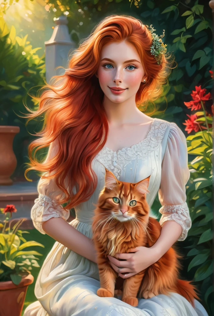 red-haired girl [Elizabeth II:Maude Adams:0.45] with a full sized  red mainecoon cat, (best quality, masterpieces, ultra-detailed), beautiful detailed eyes, beautiful detailed lips, longeyelashes, vibrant colors, illustrative style, oil painting texture, flowing red hair, cozy garden background, soft sunlight, lively expression, joyful interaction with the cat, dynamic pose, realistic rendering.