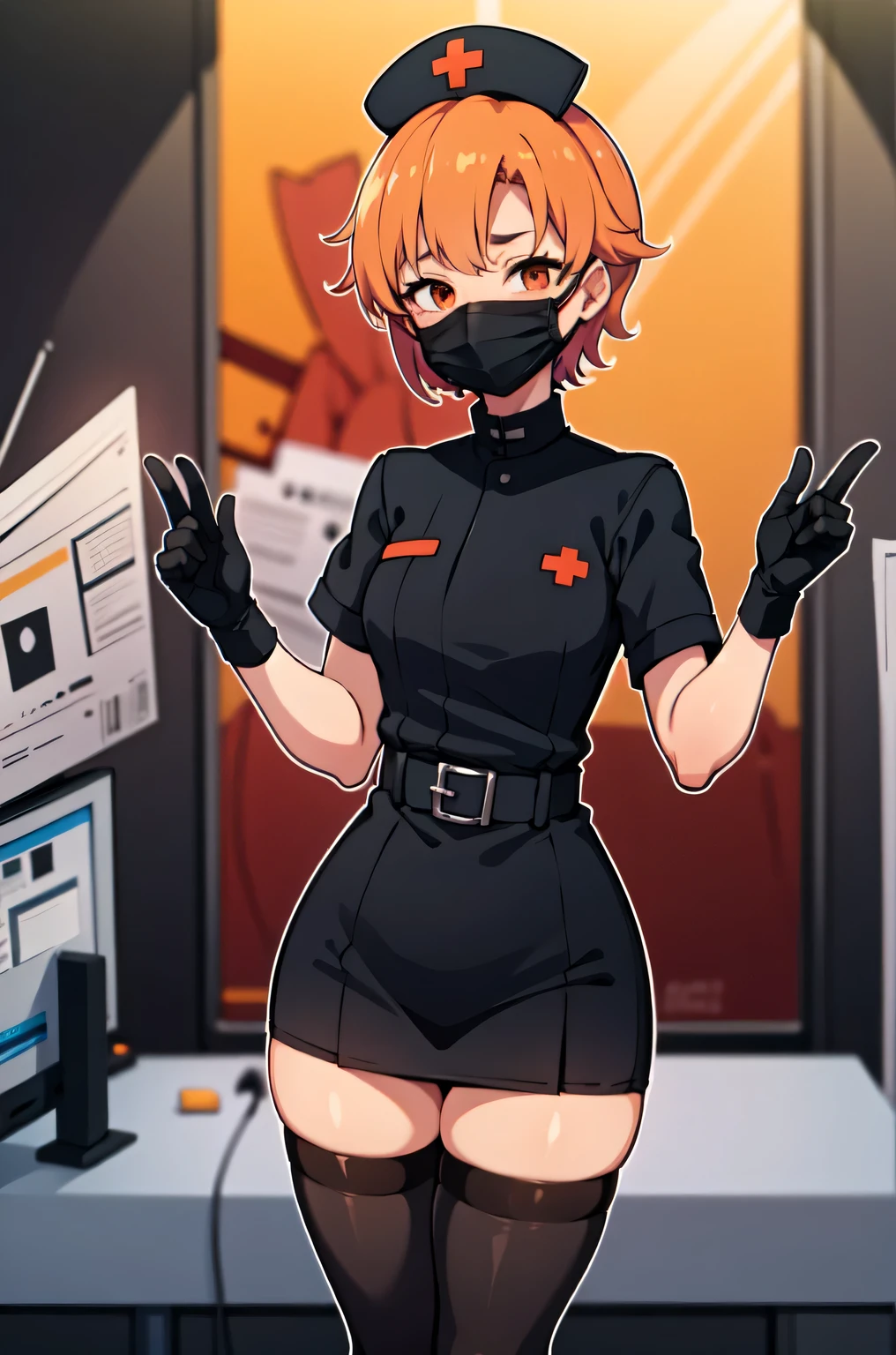 black nurse, 1girl, solo, black nurse cap, black nurse uniform, ((black legwear, zettai ryouiki)), black elbow gloves, very short hair, orange hair, ((black surgical mask, covered nose)), standing, ((surgery room)), sharp outline, short sleeves, tomboy, boyish, best quality, masterpiece