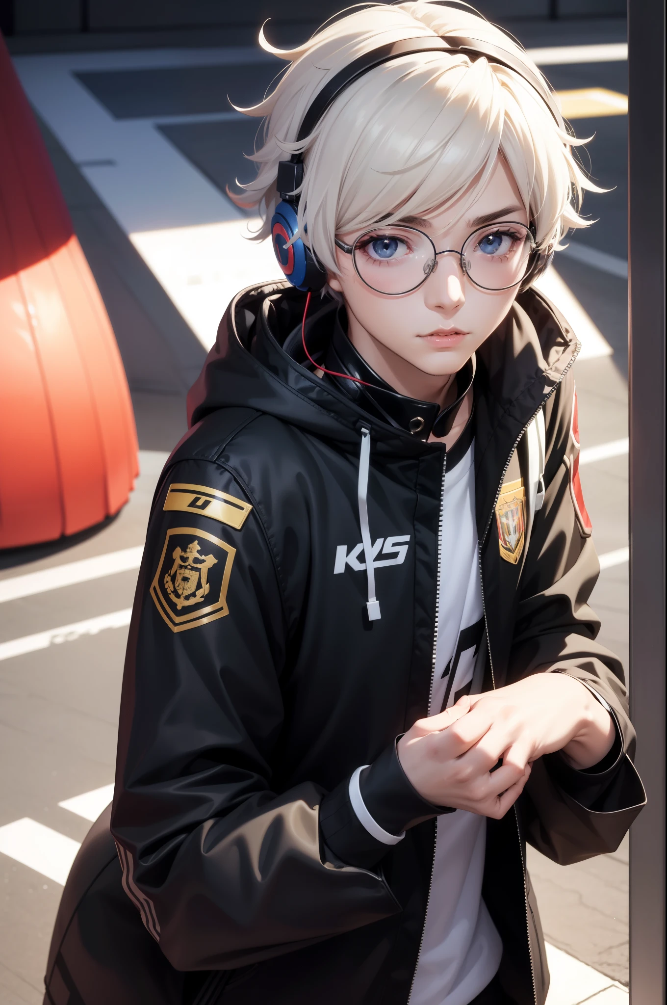 Ren Amamiya Persona,menino anime,uniforme de futebol, glasses, headphones on head