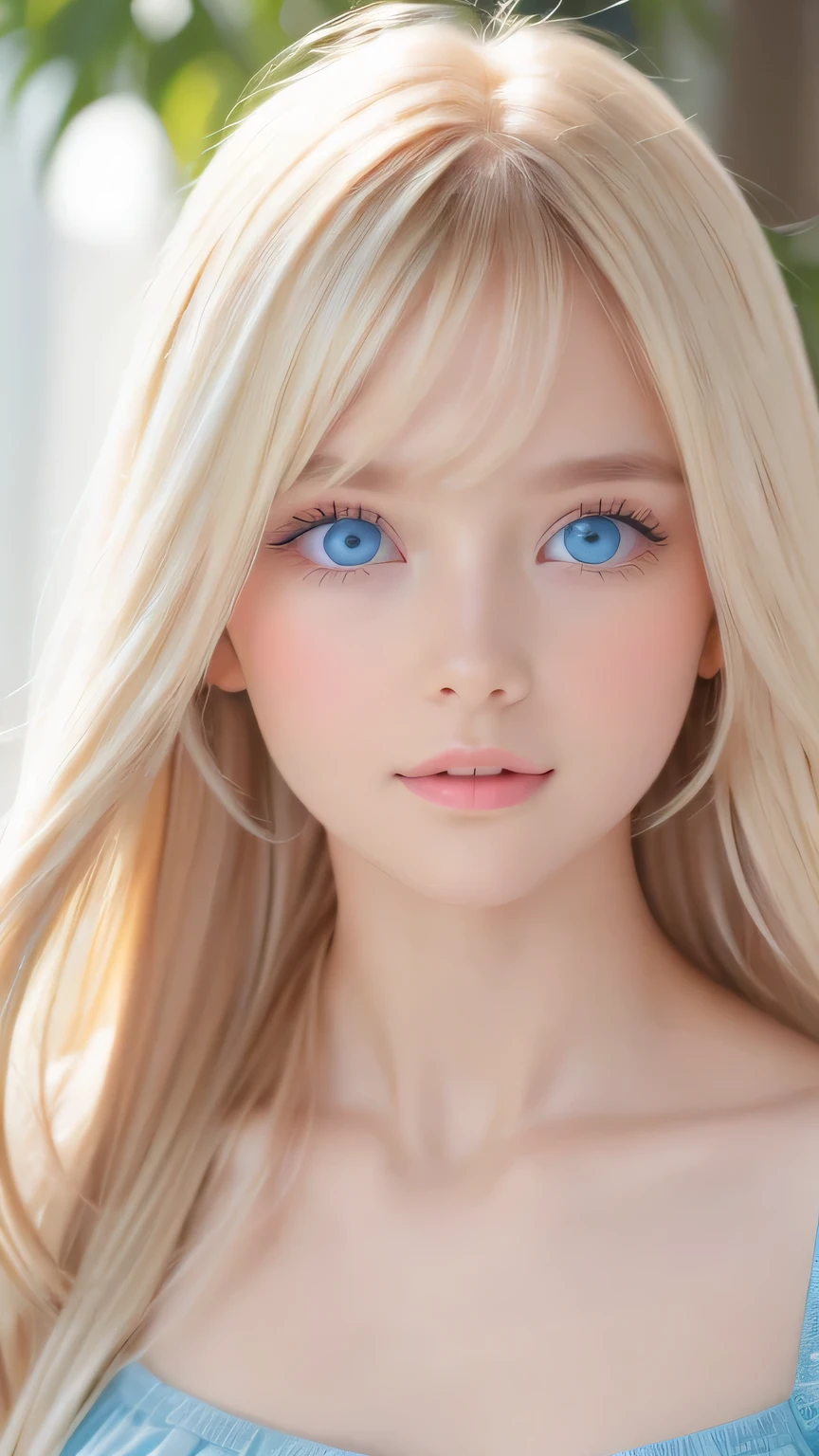 Beautiful white and shining skin、Blonde hair that changes color depending on the light、Bangs between eyes obstruct vision、Shiny highlights on the cheeks、Sexy, very beautiful, lovely, cute, gorgeous face、The most beautiful face in the world、Super long and gorgeous blonde hair、Super long and smooth super long straight hair、Big Breasts, Very large, Beautiful sparkling bright blue eyes、Beautiful Bangs、Beautiful cute girl.Small Face Beauty、Cheek Gloss Highlighter、Round face