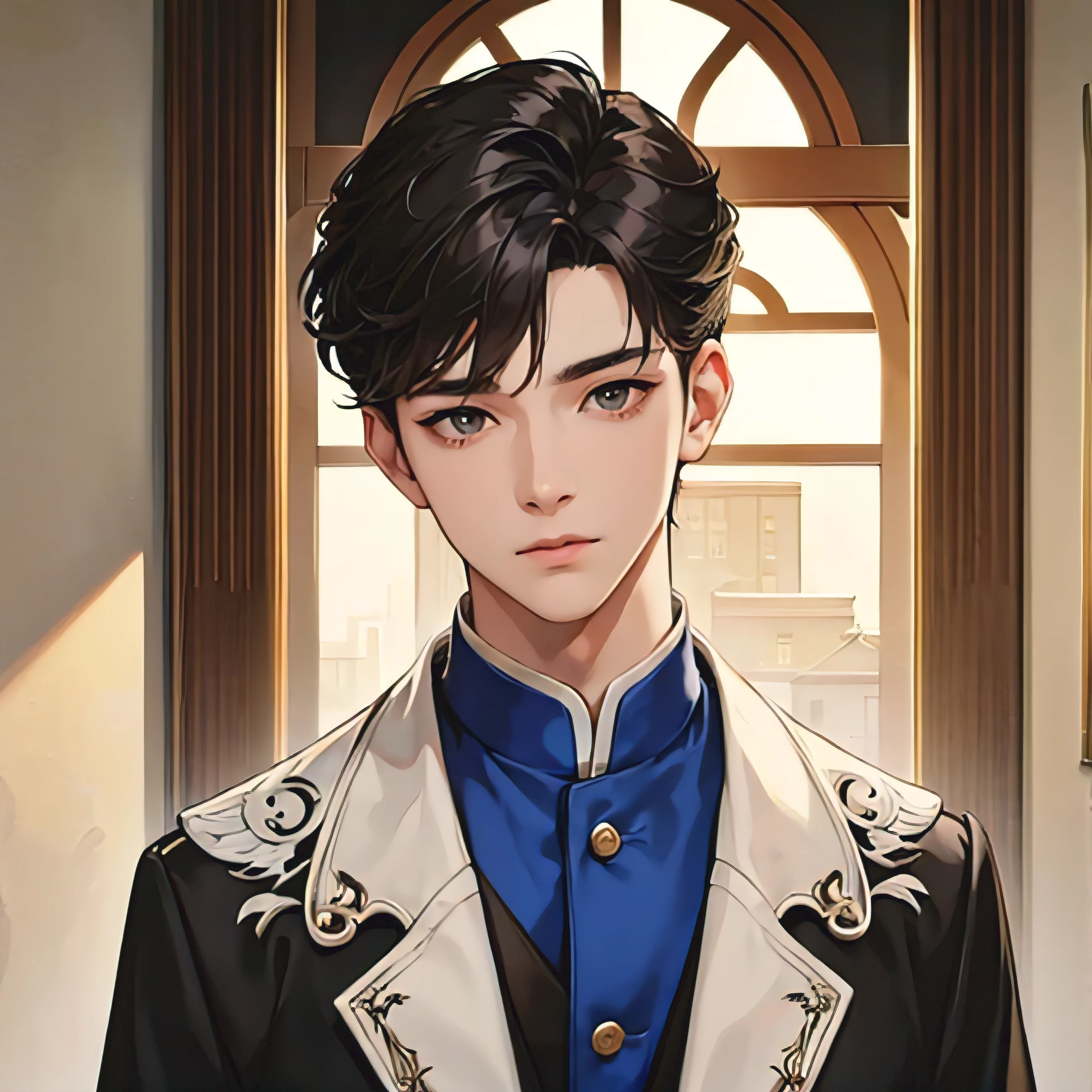 A handsome man, sweet face, Korean face, Korean boy hairstyle, wearing a long Coat, Background in hotel, hd quality