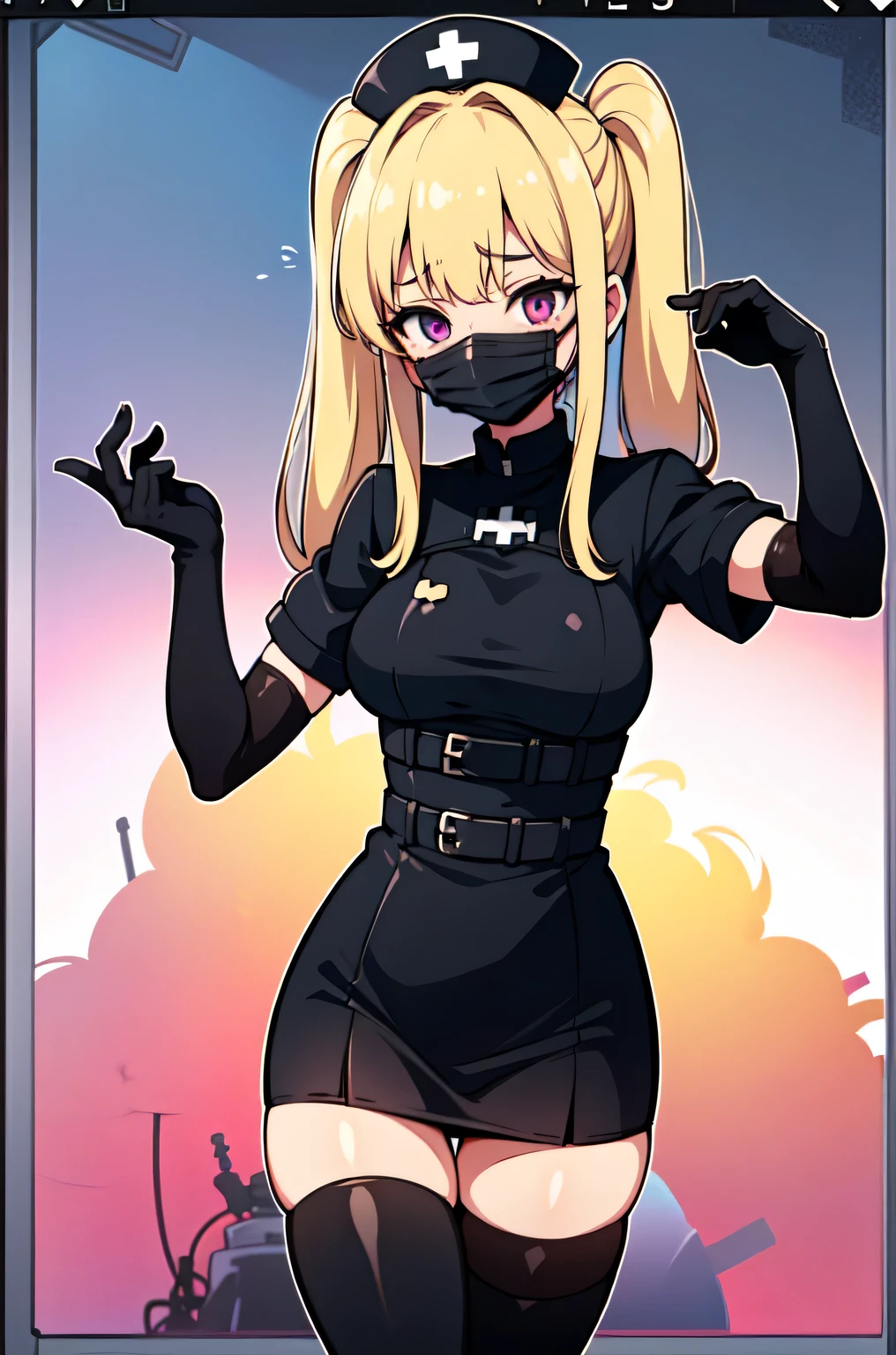 black nurse, 1girl, solo, black nurse cap, black nurse uniform, ((black legwear, zettai ryouiki)), black elbow gloves, twintails, yellow hair, purple eyes, ((black surgical mask, covered nose)), standing, ((surgery room)), sharp outline, short sleeves, best quality, masterpiece