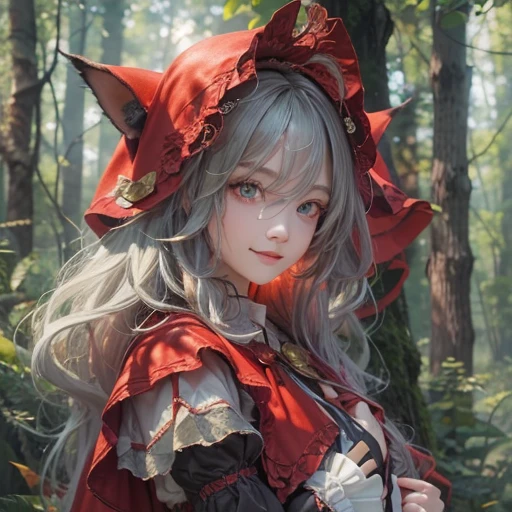 Standing in the forest、Hair flow、 ((highest quality、masterpiece、8k、Best image quality、Ultra-high resolution、Award-winning works)、(Accurate anatomy:1.1)、(Look at me and smile:1.1)、Shining fair skin with Ultra-high resolution、The most detailed face、Ultra-high resolution detailed face、Ultra-high resolutionの髪の毛、(Ultra-high resolution eye:1.1)、Beautiful face drawn in every detail、little red riding hood Costumes , Chest to chest, Strange atmosphere, A real werewolf stares at her....., Dark Light, in the forest , Heavy makeup