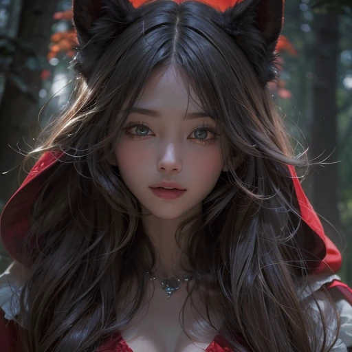 Standing in the forest、Hair flow、 ((highest quality、masterpiece、8k、Best image quality、Ultra-high resolution、Award-winning works)、(Accurate anatomy:1.1)、(Look at me and smile:1.1)、Shining fair skin with Ultra-high resolution、The most detailed face、Ultra-high resolution detailed face、Ultra-high resolutionの髪の毛、(Ultra-high resolution eye:1.1)、Beautiful face drawn in every detail、little red riding hood　Costumes , Chest to chest,  Strange atmosphere, A real werewolf stares at her....., Dark Light, in the forest , Heavy makeup 