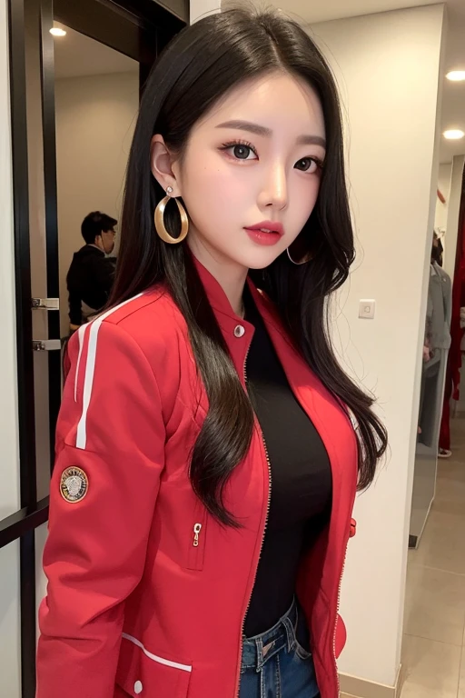 AirAsia red jacket uniform、black hair、Luxury earrings、Captivating look、brown Eyes、22 year old korean female