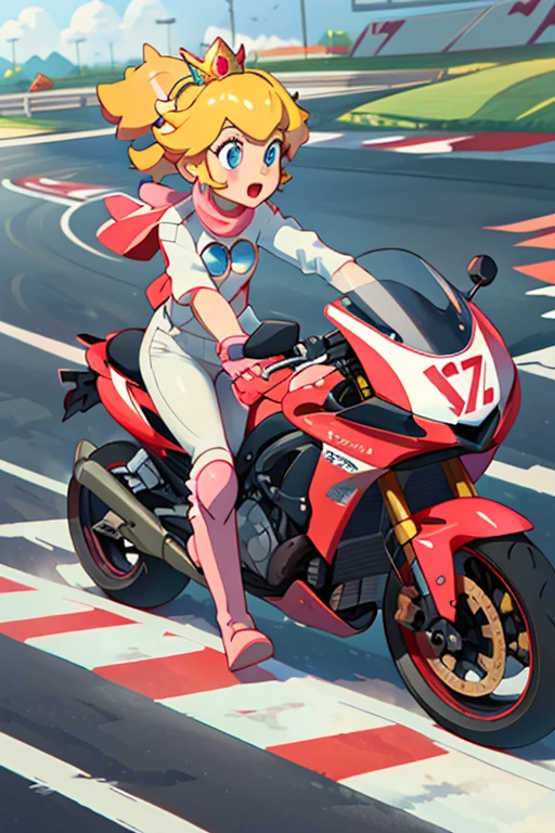 moterbike motorcycle riding , 1girl, princess_peach_mariokart_outfit, white and pink motorcycle suit, short blonde hair, bright blue eyes, wide hips, "Volumetric Lighting, Best Shadows, Shallow Depth of Field, (Highest Quality, Amazing Details:1.25), Brilliant Colorful Paintings", road action shot race outdoors zy48 ground_vehicle, motor_vehicle, motorcycle, road, shadow, traditional_media, vehicle_focus tires driveing 1girl, driving, ground_vehicle, motion_blur, motor_vehicle, motorcycle, motorcycle_helmet, on_motorcycle, open_mouth, riding, road, shirt, sunglasses, vehicle_focus
