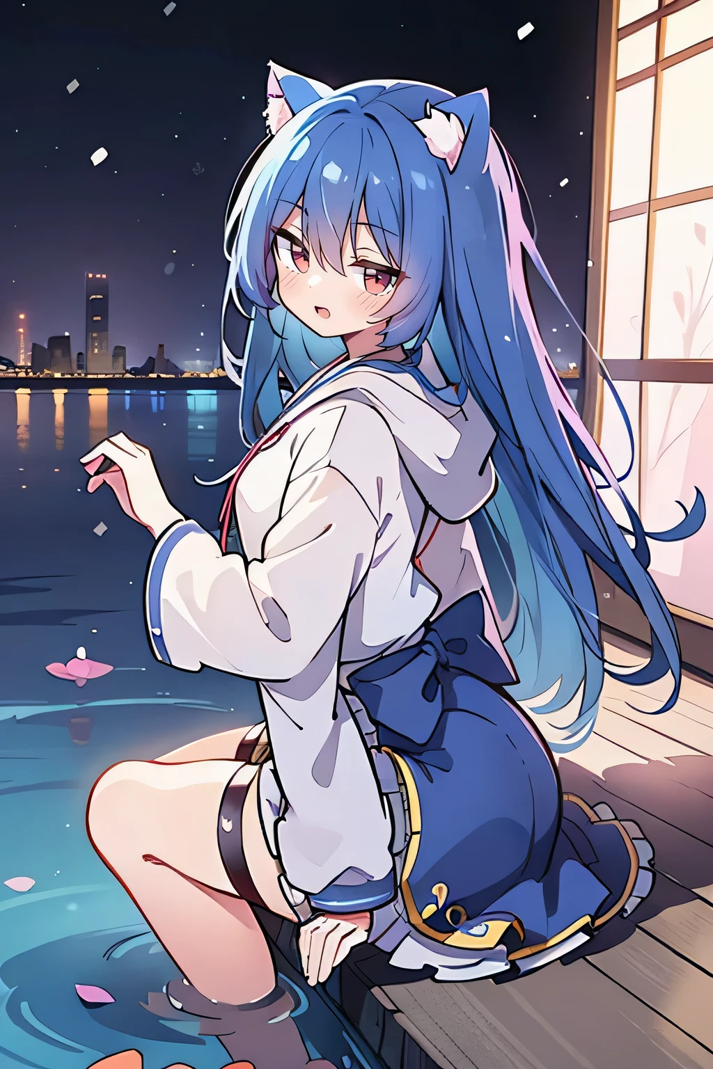 (best quality,4k,8k,highres,masterpiece:1.2),ultra-detailed,(realistic,photorealistic,photo-realistic:1.37), expressive eyes, fair skin, perfect face shape, 1 girl, Japanese comics, gorgeous blue hair, flowing blue hair, flowing clothes, cat ears, falling petals, beautiful lola, baby angel, shaking head with one hand, cross your legs, gentle and peaceful background, cool and comfortable pavilion, smile, wearing hoodie, background of Tokyo, back views, snowing, winter, hand on mouth.