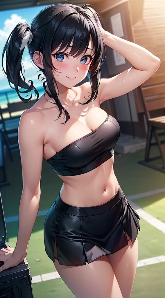 ((masterpiece, highest quality, High resolution, Hmm, Pixel perfect, Depth of written boundary, 4k, RTX, HDR))), 1 Girl, single, alone, Beautiful Anime Girls, Beautiful art style, Sunburned skin, anime character,,(Black hair,Under twin tail:1.5), (Black Eye:1.4, Round eyes, Beautiful eyelashes, Realistic eyes), (Detailed face, Blushing:1.2), (Smooth texture:0.75, Realistic texture:0.65, Realistic:1.1, Anime CG Style), Medium breast, (Dynamic Angle, Dynamic pose:1.4, Watching the audience), Perfect body ,(Black Tube Top), mini skirt, smile, Sunburned skin,